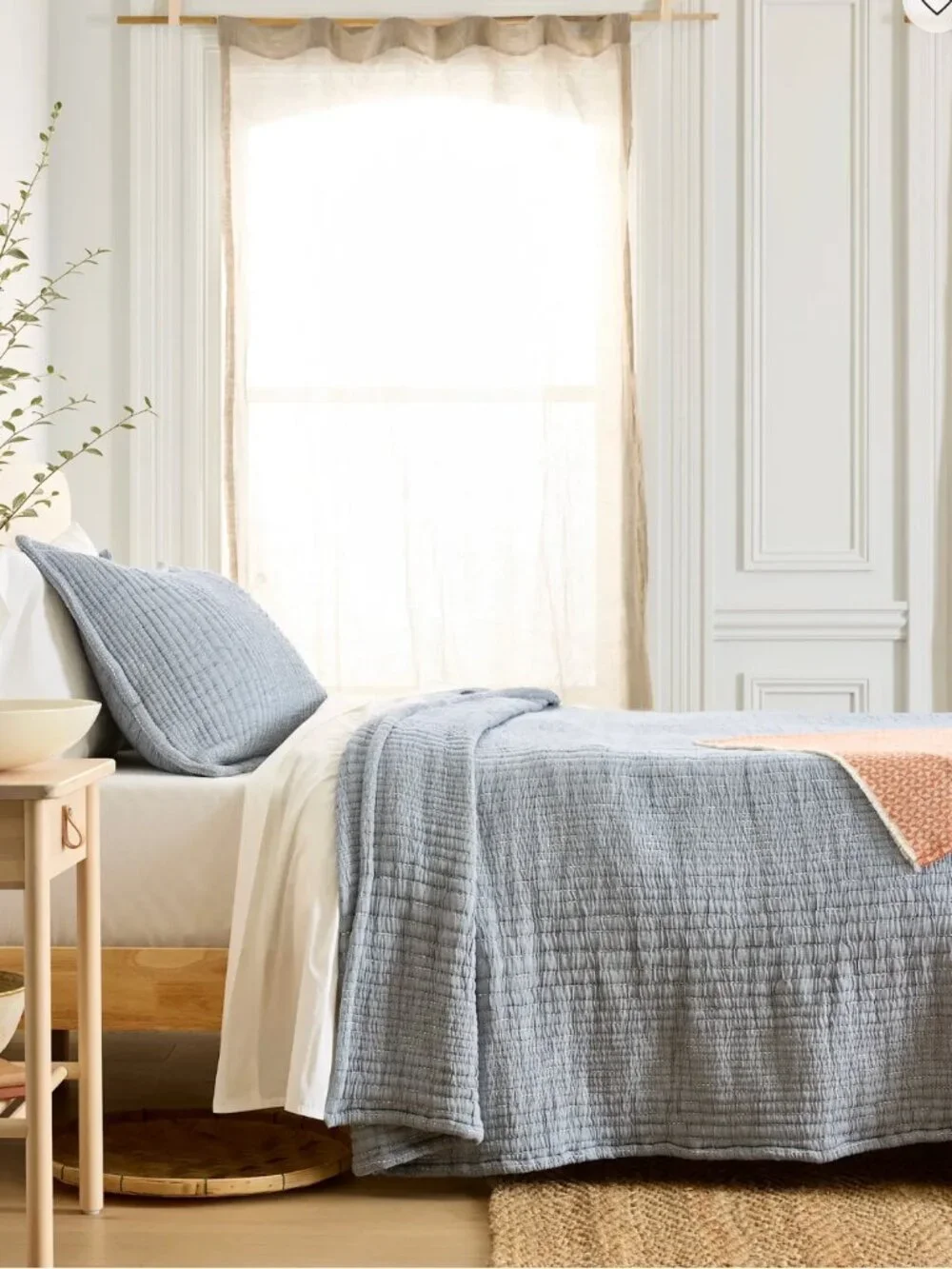 NWT Quince Organic Cotton Channel Stitch Coverlet Set, King / Cal King, Blue
